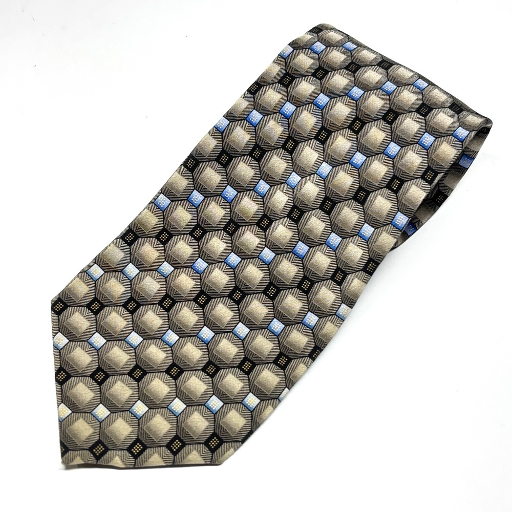 Kilburne and Finch Silk Tie Mens OS Taupe Blue Geometric Medallion